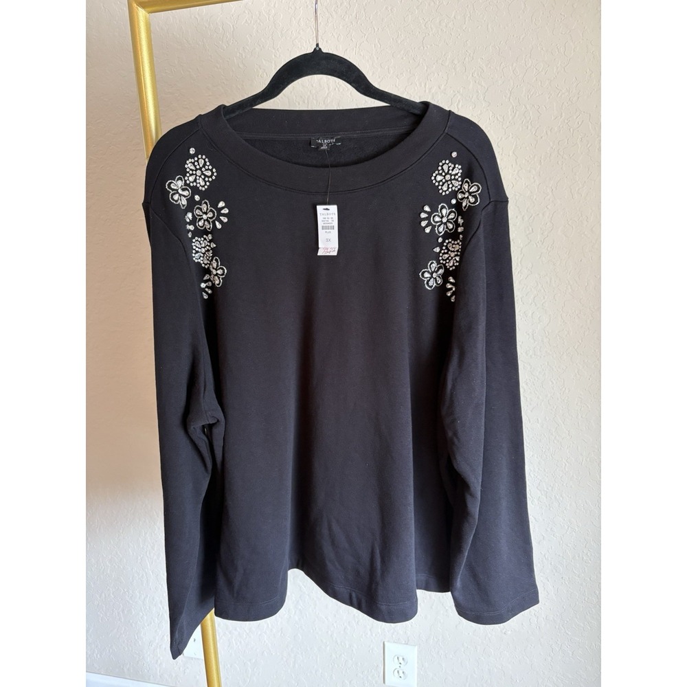Talbots Women's NWT Embellished Sweatshirt Size 3X Black Holiday Festive Glam